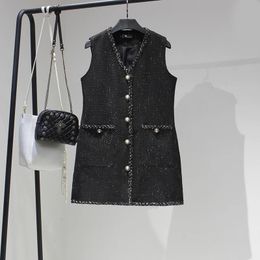 Autumn Winter Fragrant Womens Fashion Fat MM Thick Woollen High Quality Black Tank Tweed Dress M-4XL 240530