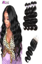 Allove Peruvian Straight Body Deep Curly 3 Bundles Remy Human Hair Extensions With 44 Lace Closure Double Weft Weave for Women Al45601716