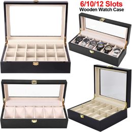 6 10 12 Slots Watch Box Black Wooden Jewellery Organzer Watch Display Case Glass Top Wrist Watches Box Luxury Holder D40 2042