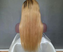 Two Tone Colour 1B 27 Long Silky Straight Human Hair Lace Front Wigs PrePlucked Brazilian Black Roots Ombre Honey Blonde Lace Fron1425623