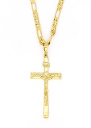 Real 10k Yellow Solid Fine Gold Filled Jesus Cross Crucifix Charm Big Pendant 5535mm Figaro Chain Necklace 24quot 6006mm3096984