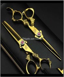 6Dot0 2Pcs Sharp Dragon Handle Gold Barber Hair Scissors Set Salon Cutting Thinning Shears Hairdressing Flat Teeth Blade Sq6216P285155785