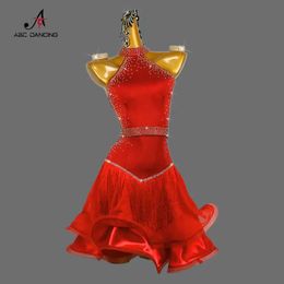 Sahne Giyin Yeni Kırmızı Latin Dans Yarışması Elbise Seksi Straplez Etek Kadınlar için Elmas Fr Nakliye Kızlar Balo Salonu Giysileri Hattı MIDI CHA Y240529