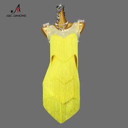 Stage Wear New Yellow Latin Dance Dress Competition Fringe Skirt Ballroom Adult Prom Women Girl Sport party Sex Line Suit Dancewear come Y240529