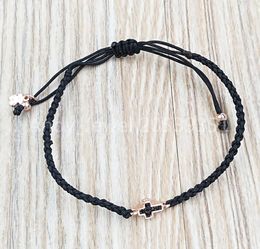 Motif Cross Bracelet In Rose Gold Vermeil With Spinels And Black Cord Authentic 925 Sterling Silver bracelets Fits European bear J7246875