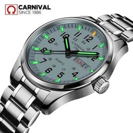 Carnival Tritium Light men Watch Quartz Double calendar Date Tritium Luminous Waterproof 200M Military diving Watches sapphire T200409 257w