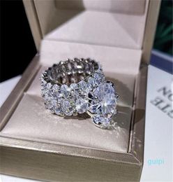 2021 New Sparkling Luxury Jewelry Couple Rings Large Oval Cut White Topaz CZ Diamond Gemstones Women Wedding Bridal Ring Set Gift2506300