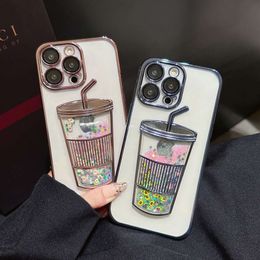 Creative Electroplated Fruit Milk Tea Cup Quicksand Liquid Phone Case For iPhone Pro Max Sequins Glitter Cover