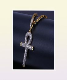 Hip Hop Egyptian Ankh Key Pendant Necklace Iced Out Gold Silver Color Plated Micro Paved Zircon Pendant Necklace1724958