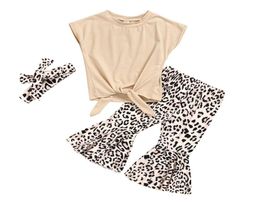 Retailwhole girl topleopard Flare pants 3pcs set with bow headband tracksuit Clothing Sets girls outfits children Designers 5917183