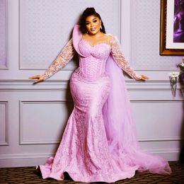 2024 Pink Plus Size Aso Ebi Prom Dresses for Special Occasions Long Promdress Sheer Neck Long Sleeves Beaded Lace Birthday Dresses Second Reception Gowns Gala AM1068