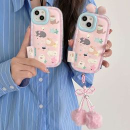Korean Cartoon Cute Cat Pink Leather D Bow Phone Case For iPhone Pro Max Shockproof Back Cover Hairball Pendant