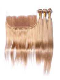 Honey Blonde Brazilian Virgin Human Hair Wefts With Frontal Silky Straight Pure 27 Light Brown Color 13x4 Lace Frontal With 3 Bun7008695