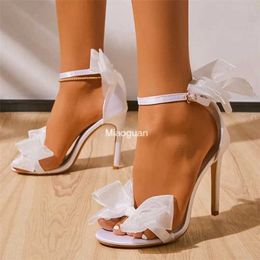Sandals White Wedding Shoes Bridal Female Ribbon Bow Stiletto Heels Pointed Top Black Sweet High Heels Big Size 42 Sandals Fashion Black T240530