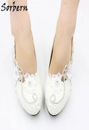 Sorbern White Flower Wedding Shoes High Heel Crystals Lace Appliques Bridesmaid Pump Shoe Flat 3Cm 5Cm Multi Heel Height5775036