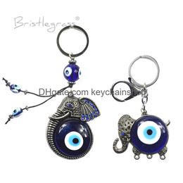 Key Rings Bristlegrass Turkish Blue Evil Eye Rhinestone Elephant Keychain Chains Ring Holder Amets Lucky Charm Pendant Blessing Gift D Ote5V