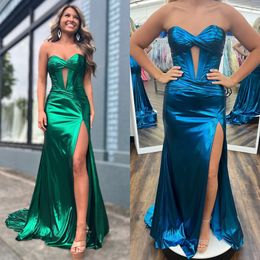 Strapless Corset Metallic Prom Dress Keyhole Sexy and Sleek Fitted High Slit Long Winter Formal Event Party Gown Red Carpet Runway Oscar Gala Pageant Ocean Blue Green