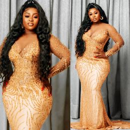 2024 Gold Plus Size Prom Dresses for Special Occasions Promdress Long Sleeves Mermaid Beaded Crystals Rhinestone Decorated Lace Gala Second Reception Gowns AM926