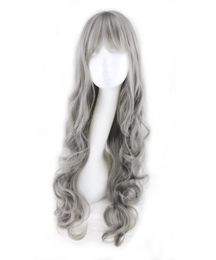 WoodFestival grey wig with neat bangs long curly synthetic natural wavy wigs grandmother gray hair women2316562