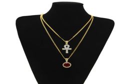 Egyptian large Ankh Key pendant necklaces Sets Round Ruby Sapphire with Rhinestones Charms cuban link Chains For mens Hip Hop Jewelry9646266