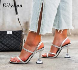 Eilyken New Silver Back Strap Sandals Transparent Perspex Heel Spike High Heels Crystal Slingbacks Women Wedding Pumps Sandals 2018190943
