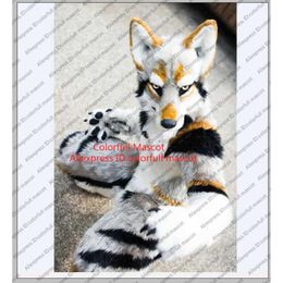 Grey White Long Fur Furry Husky Dog Wolf Fox Fursuit Mascot Costume Adult Cartoon Character Suit Real Play Trade Shows Mascot Costumes