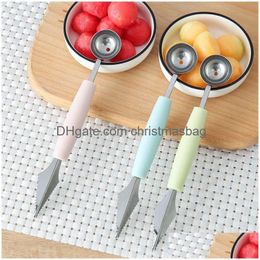 Fruit & Vegetable Tools Stainless Steel 2 In1 Dual-Head Carving Knife Tool Watermelon Ice Cream Baller Scoop Stacks Spoon Home Kitchen Dhwxt