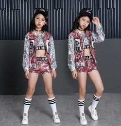 Tammy Ada Kids Girl Sequin Dancing Pink Silver Jacket Coat Crop Top Shorts 3pcs Sets Hiphop Jazz Dance Clothes Children Sets Y1814224909