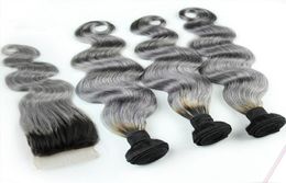 1BGrey Brazilian Ombre Human Hair Bundles With Silver Grey Lace Closure Two Tone Coloured Hair Weave With Closure Body Wavy 4PcsL8406408