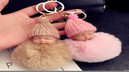 12 Colour Cute Sleeping Baby Doll Keychain Pompom Rabbit Fur Ball Key Chain Car Keyring Women Key Holder Bag Pendant Charm Accessor8840325