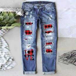 Women's Jeans Womens Jeans Boyfriend Corduroy Pants Womens Autumn and Winter Valentines Day Printed Hole Thickened Trousers Jean Withe Forn10n