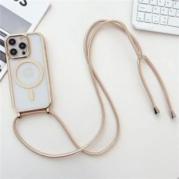 Covers Crossboby Lanyard Plating Clear Phone Case For iPhone 15 14 13 12 Pro Max 11 For Magsafe Magnetic Necklace Cord Rope Strap Cover
