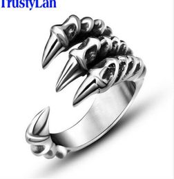 TrustyLan New US Size 712 Punk Rock Stainless Steel Mens Biker Rings Vintage Gothic Jewellery Silver Colour Dragon Claw Ring Men6122601