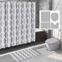 Stylish Geometric Lines Shower Curtain and Rug Set Grey and White Modern Minimalist Shower Curtain Rug Toilet Mat Bathroom Decor 240601