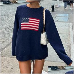 Womens Knits Tees Women Flag Sweaters Vintage Casual Long Sleeve Crew Neck Loose Fit Knit Plover Jumper Y2K Aesthetic Haruku Autumn Dr Otbo6