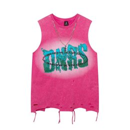 Men's T-Shirts 2024 Summer Cross Necklace Sleeveless T-shirt Y2k European and American Street Fashion Tank Top Mens Washed Distressed Cut Printed Top J240531