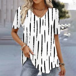 New Women's T-Shirt Summer V-Neck Tee Loose Casual Top Stripes Funny Printed Female Clothing Streetwear Pullover T Shirts