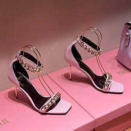 Sandals Metal chain dermis stiletto sandals Electroplated heel gladiator Party Banquet Evening Shoes womens open toe heels luxury designer high heels factory foot