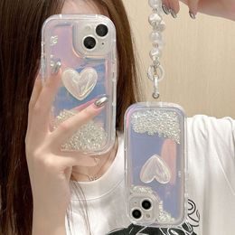 INS Laser D Love Heart Glitter Bling Diamond Liquid Quicksand Cover For iPhone Pro Max Girl Case with Bracelet