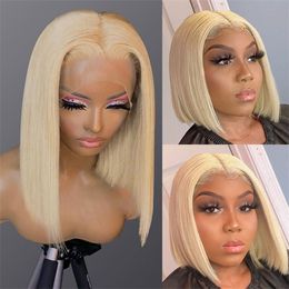 Highlight Human Hair Short Bob Wigs Honey Blonde Brown Brazilian Closure Synthetic Lace Front Wig For Women Qlbin