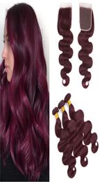 99J Burgundy Virgin Hair Bundles Deals with Closure Body Wave Wine Red Brazilian Human Hair Weaves Extensions with 4x4 Lace Closu6635842