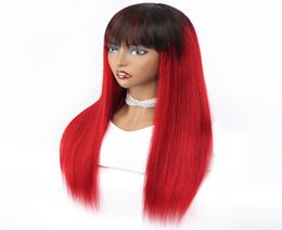 Dark Roots Red Machine Made Glueless Wigs With Fringe For Black Women 1B Red Straight Raw Indian Remy Human Hair Coloured Front Wig7827034