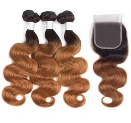 Ombre Brazilian Body Wave Human Hair Bundles With 4X4 Lace Closure 1B30 Blonde Brazilian Human Hair Weave 3 Bundles With Closure 5929800