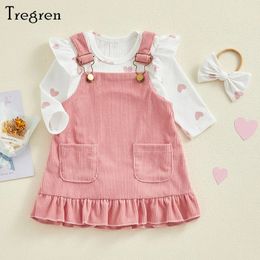 Tregren 018M Infant Baby Girls 3Pcs Spring Outfits Heart Print Romper Suspender Skirt Headband Set Cute born Clothes 240523