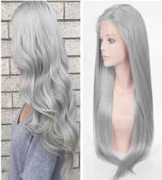 100 Human Hair High Quality Fashion Cosplay full lace wigs sell Silver Grey Medium Long Brown Cap Bleached Knots Front Lace W5003294