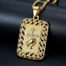 Religious Square Praying Hands Cross Pendant Necklace for Women/Men 14K Gold Christian Necklaces Male Jewelry