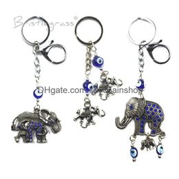 Key Rings Bristlegrass Turkish Blue Evil Eye Rhinestone Elephants Keychain Chain Ring Holder Amets Lucky Charm Blessing Pendant Gift D Otcfg