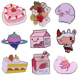 Kawaii Strawberry Milk Cake Cat Bunny Planet Merengue Enamel Pin Cute Animal Fruit food drink Brooch Spring Jewellery Gift