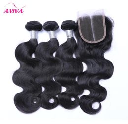 Peruvian Virgin Hair Body Wave With Closure 4Pcs Lot Lace Closure With Unprocessed Peruvian Human Hair Weaves Bundles Natural Colo2972425