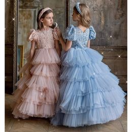 Lace blue pink Flower Girl Dresses For Wedding 2024 multilayer tutu Tiered Skirts Tulle Appliqued Ball Gown Little Girls Pageant Dress Beading First Communion Gowns